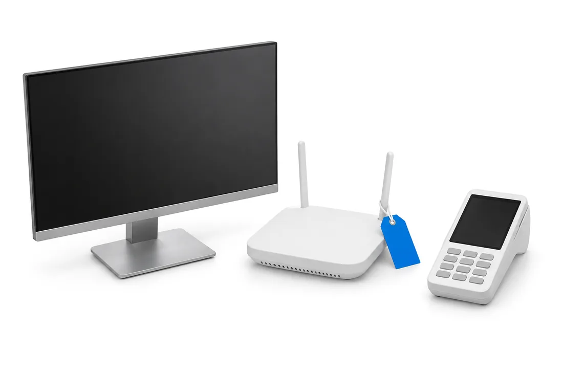 Плоский монитор, белый wi-fi роутер и компактный платежный терминал на белом фоне