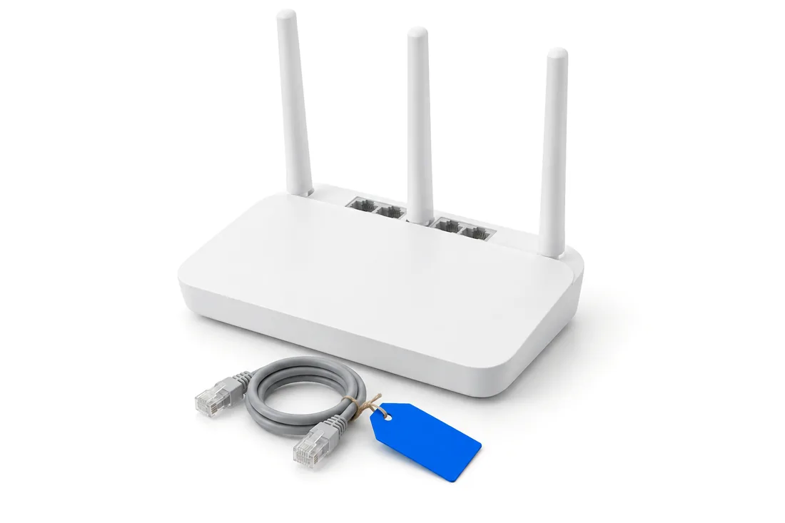 Белый Wi-Fi роутер с тремя антеннами и сетевой кабель, на кабеле синяя бирка