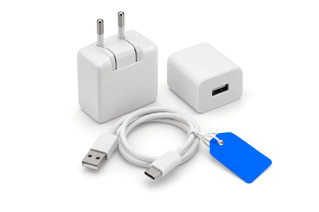 Белое сетевое зарядное устройство с USB-кабелем, на кабеле синяя бирка