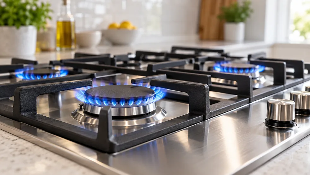 Газовая варочная панель с горящими конфорками, бытовой прибор под ТР ТС 016
