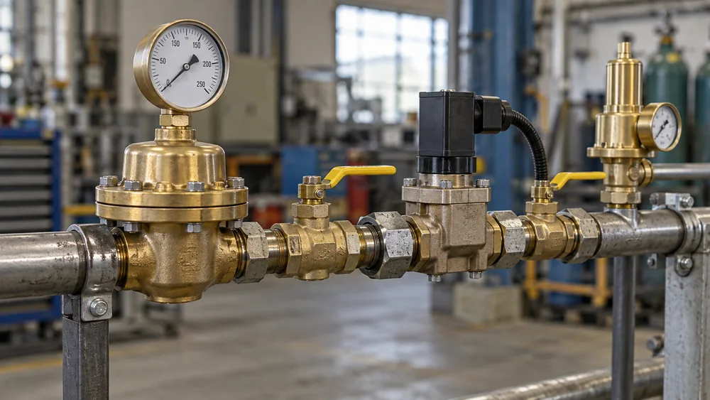 Латунные регуляторы давления и запорные клапаны на газовой трубе, арматура и устройства безопасности