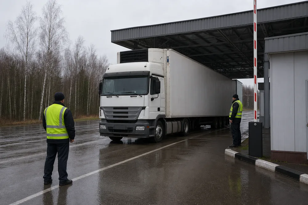 Фура с растительной продукцией на пункте пропуска, инспекторы сверяют документы перед выпуском партии