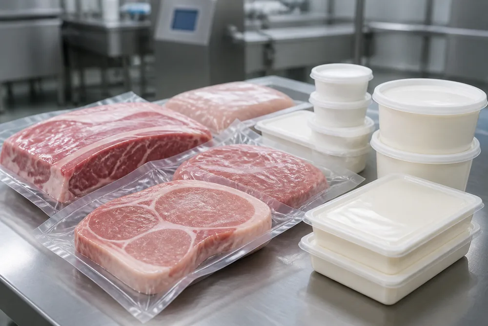 Упакованные мясные продукты и молочные контейнеры на столе пищевого производства, наглядно к теме религиозной маркировки халяль и кошер