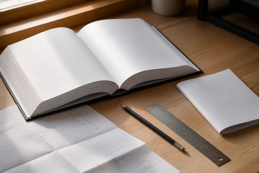 Открытое руководство по эксплуатации, тонкий паспорт изделия и сложенный чертёж на рабочем столе