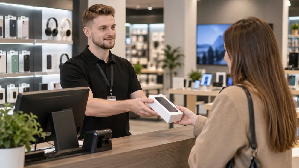 Продавец магазина электроники передает покупателю коробку с официальным телефоном, ввезенным с документами и знаком EAC