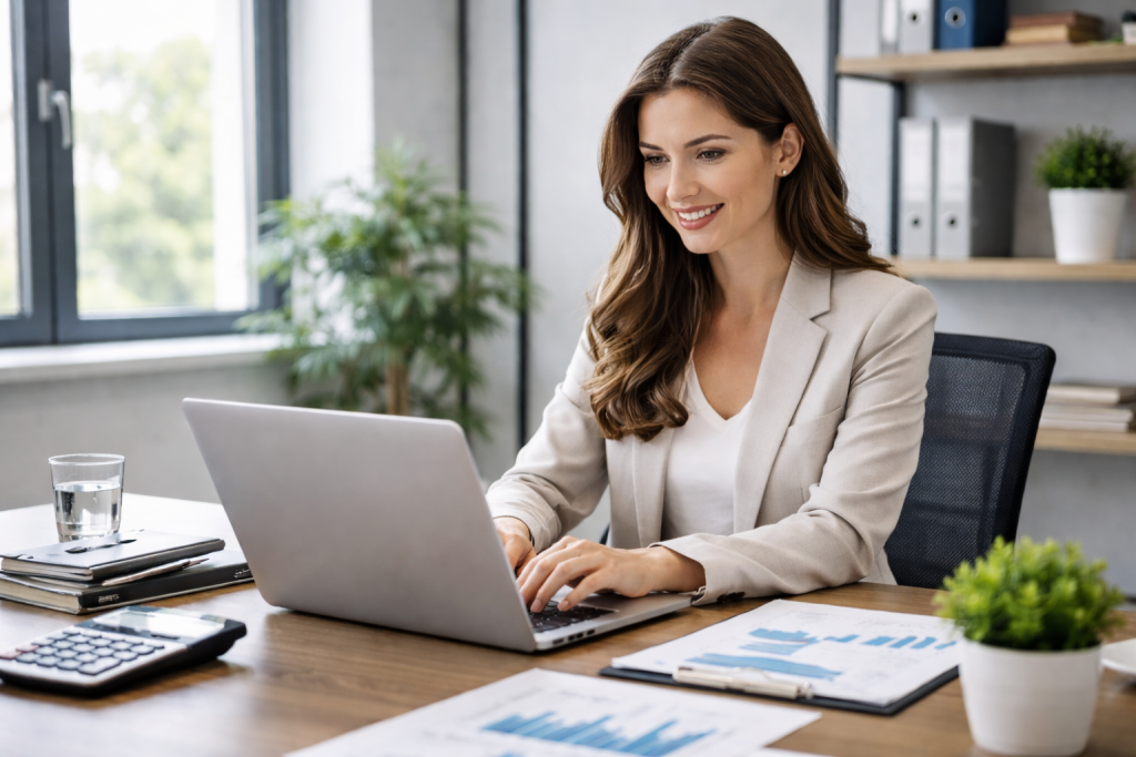 девушка работает с компьютером